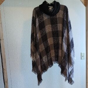 Jody Cozy Plaid Black White Gray Fringed Turtleneck Poncho Sweater One Size